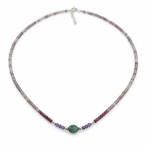 Silver, Strawberry Quartz, Tourmaline & Amethyst Gemstone Bead Necklace