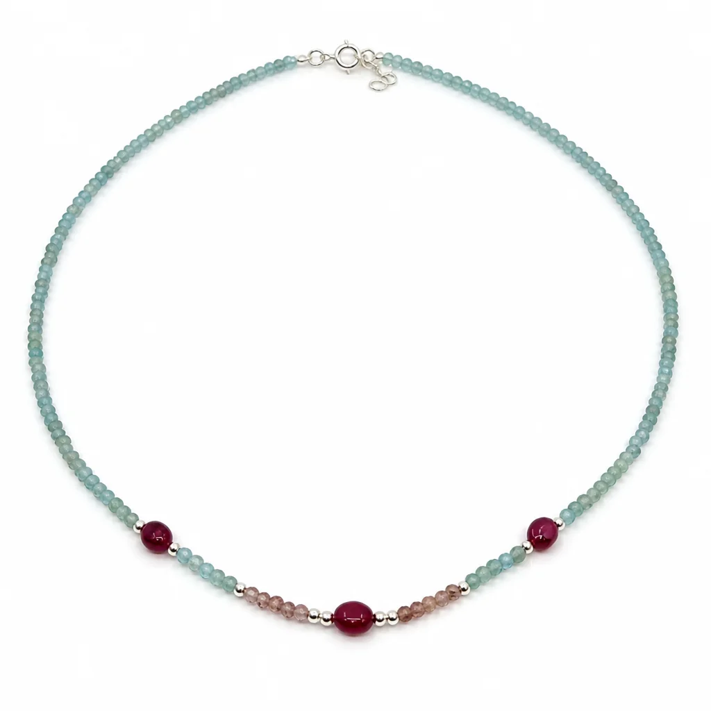 Aquamarine, Rosequartz Gemstone Bead Necklace