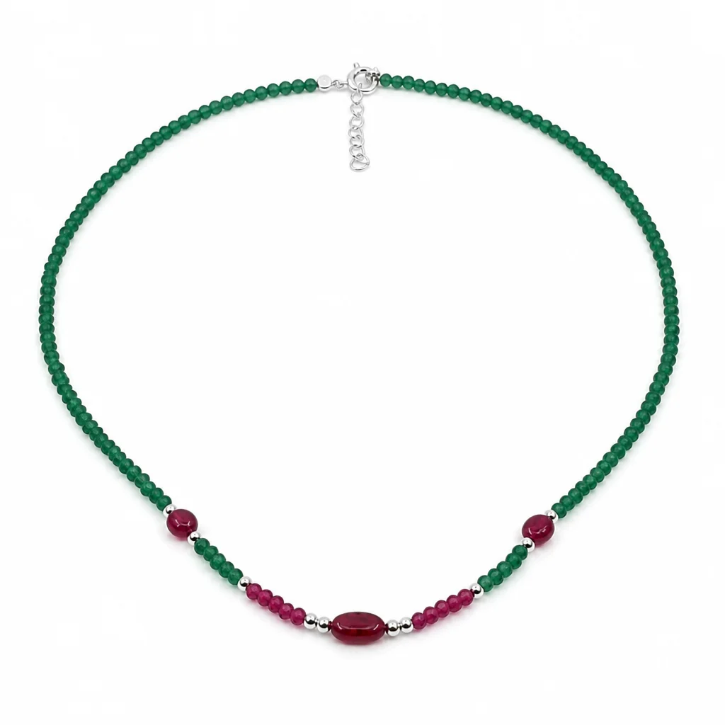 Green Jade & Ruby Gemstone Bead Necklace